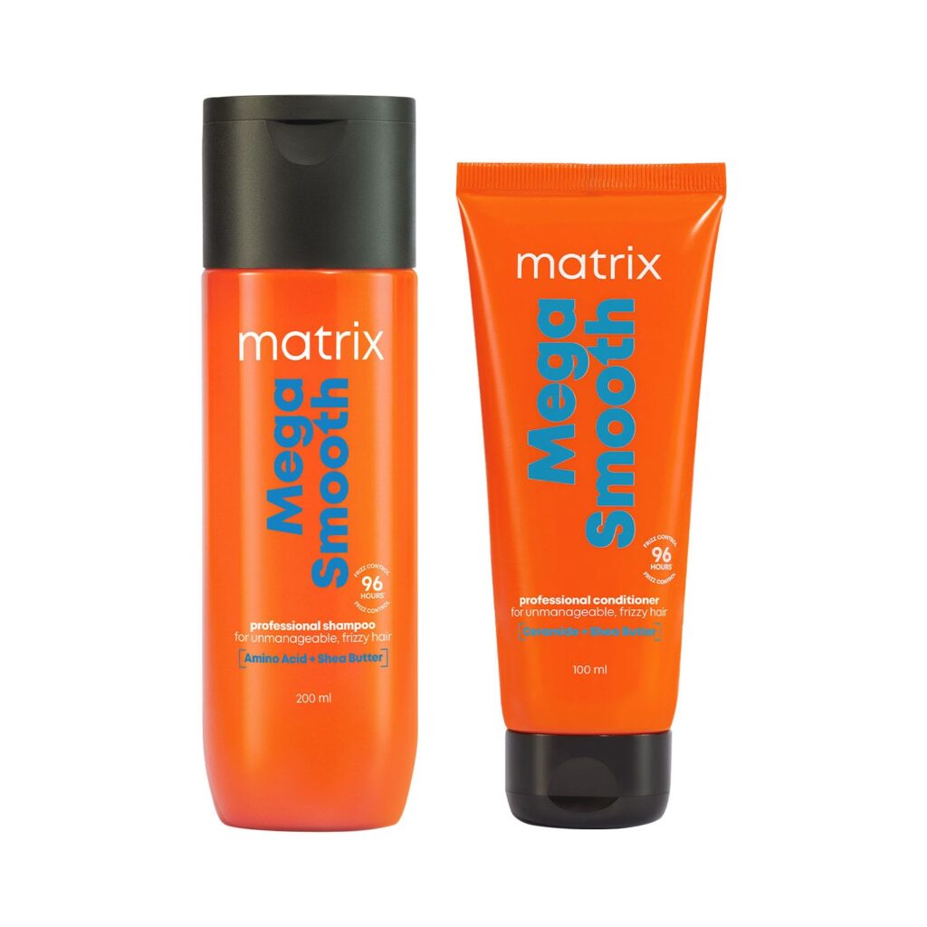 MATRIX Mega Smooth Shampoo and Conditioner Combo for Frizzy, Dry Unmanageable Hair | Defy Frizz for 4 Days | Used by 1 Lakh Hairstylists* | with Shea Butter and Amino Acid (200ml + 100ml)