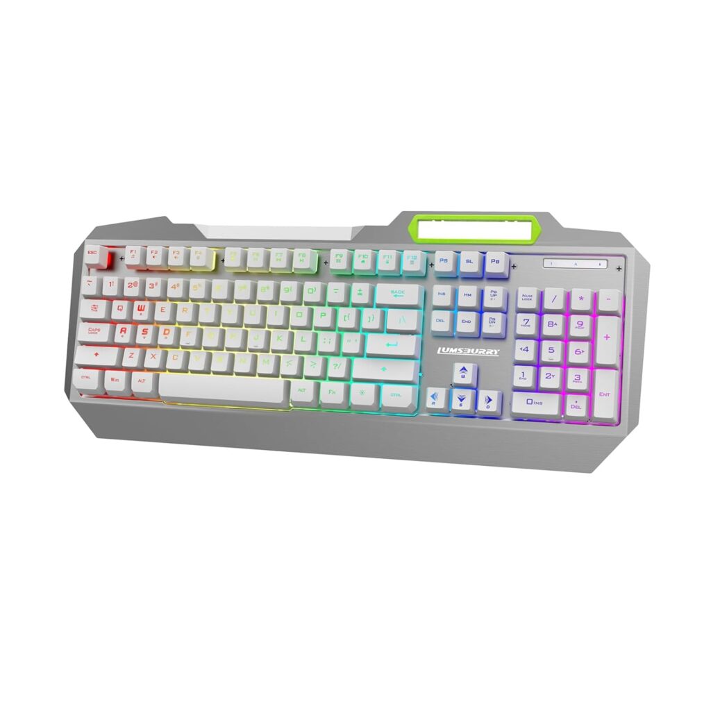 RGB LED Backlit Gaming Keyboard with Anti-ghosting, Light up Keys Multimedia Control, USB Wired Waterproof Metal Keyboard for PC Games Office (Silver&White)
