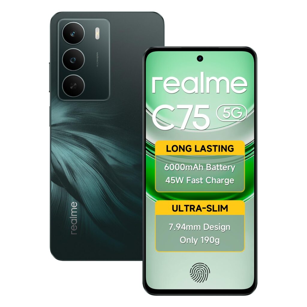 realme C75 5G Smartphone Android 15 6GB RAM 128GB ROM Display 6.67" FHD 120Hz 6000mAh Battery 45W Charge Dual SIM Support AI Camera Fingerprint WiFi GPS (Black)