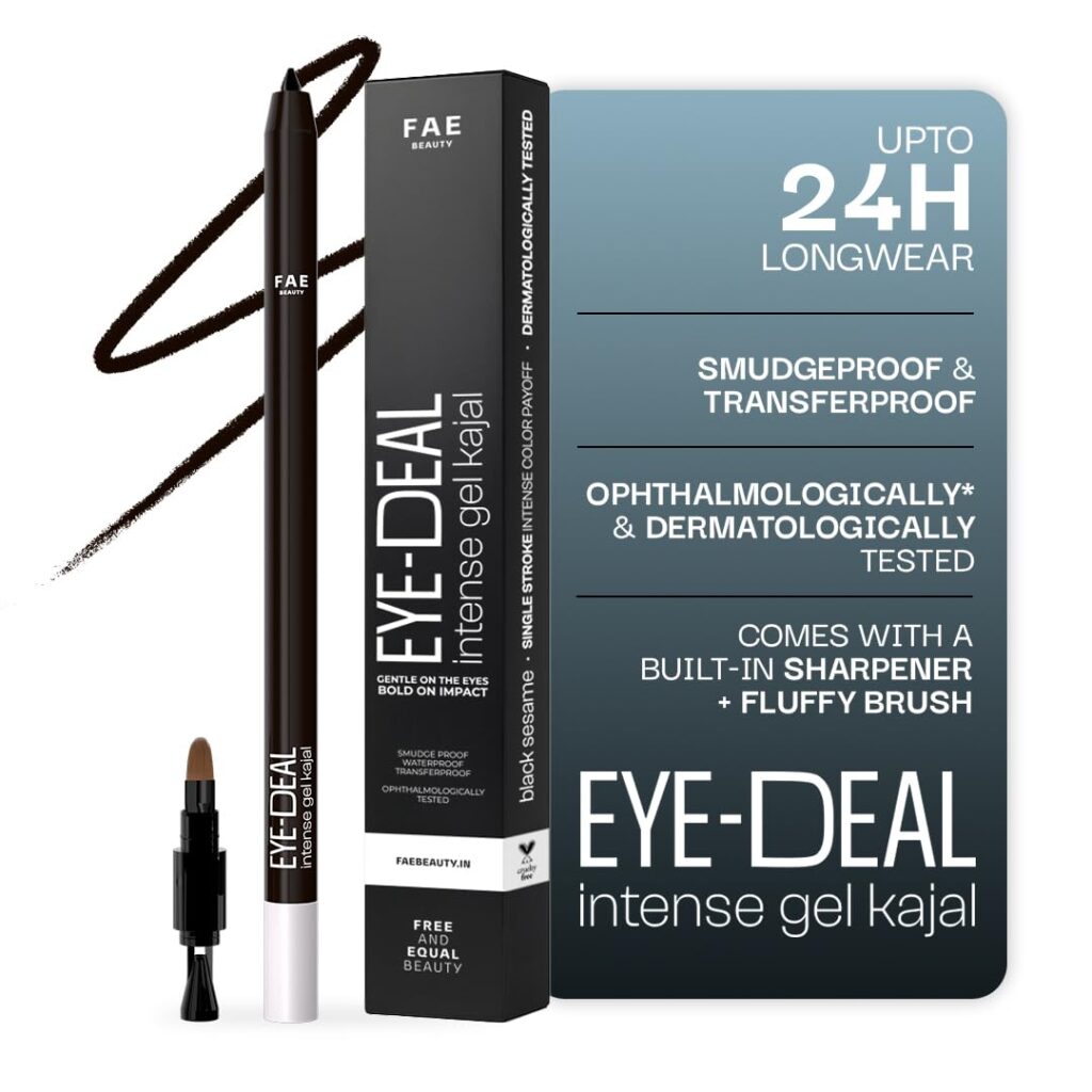 FAE Beauty 24Hr Longstay Eye-Deal Intense Gel Kajal -Smudgeproof, Waterproof, With Built-in Sharpener & Fine Bristle Brush | One Swipe Application, Non-Irritant, Ophthalmologically & Dermat Tested - Black Sesame