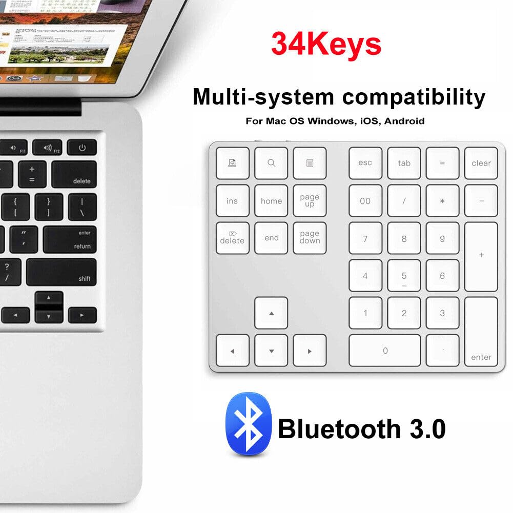 FKU Bluetooth and 2.4G Wireless Number Pad, Rechargeable Wireless Numeric Keypad Slim 35-Keys External Numpad Keyboard Data Entry Android/Win/MAC/iOS (Grey)