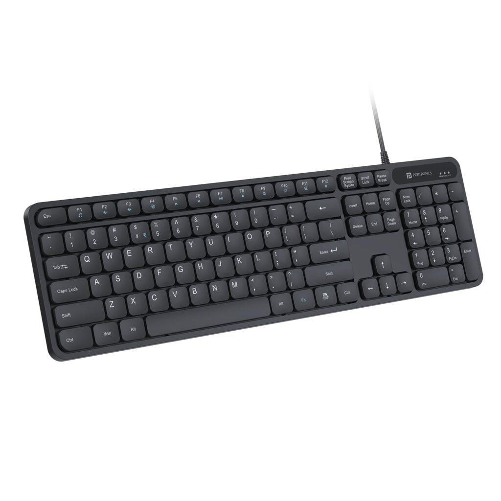 Portronics Ki-Pad 3 USB Wired Keyboard with Large Keycaps, Noise-Free Typing, Fn Multimedia Hotkeys, Full-Size Layout with Num Pad, Ergonomic Design, 1.5m USB Cable, for Laptop, PC, Mac (Black)