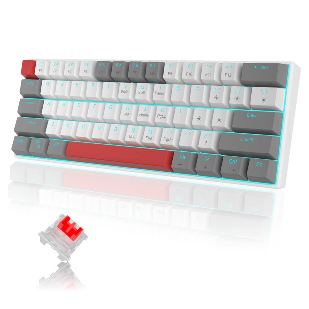 60% Mechanical Gaming Keyboard, Grey&White Gaming Keyboard with Hot Swappable Linear Red Switches, Wired Detachable Type-C Cable Mini Keyboard with Powder Blue Backlight for Windows/Mac/PC/Laptop
