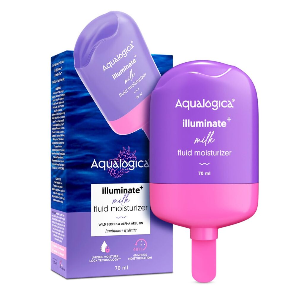 Aqualogica Illuminate + Milk Fluid Moisturizer With Wild Berries & Alpha Arbutin|Lightweight Milk-Like Texture|Evens Skin Tone|48Hr Deep Moisturization I For Oily To Combination Skin|Non Sticky|70 Ml