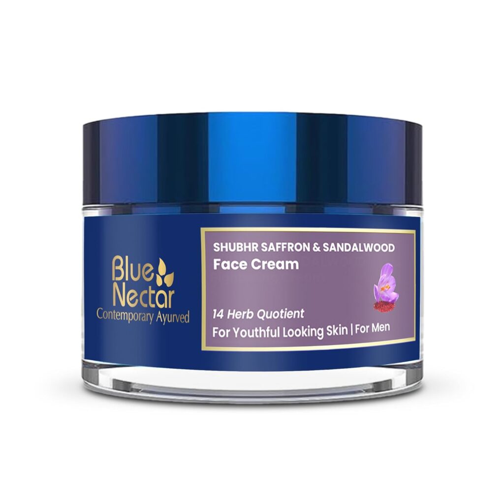 Blue Nectar Men Face Cream Natural Skin Brightening Cream Anti Aging Cream for Men with Sandalwood Saffron and Almond Oil (14 Herbs 50g)