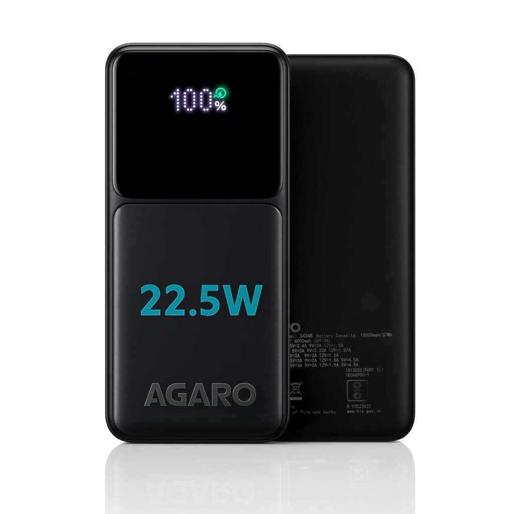 AGARO Regency Power Bank 10000 mAh, 22.5W Power Delivery for Smartphones, Portable, USB C & Micro Input, USB A1,A2 & C Output, Fast Charge Technology for Tablets, Headphones and Hi-Powered Devices