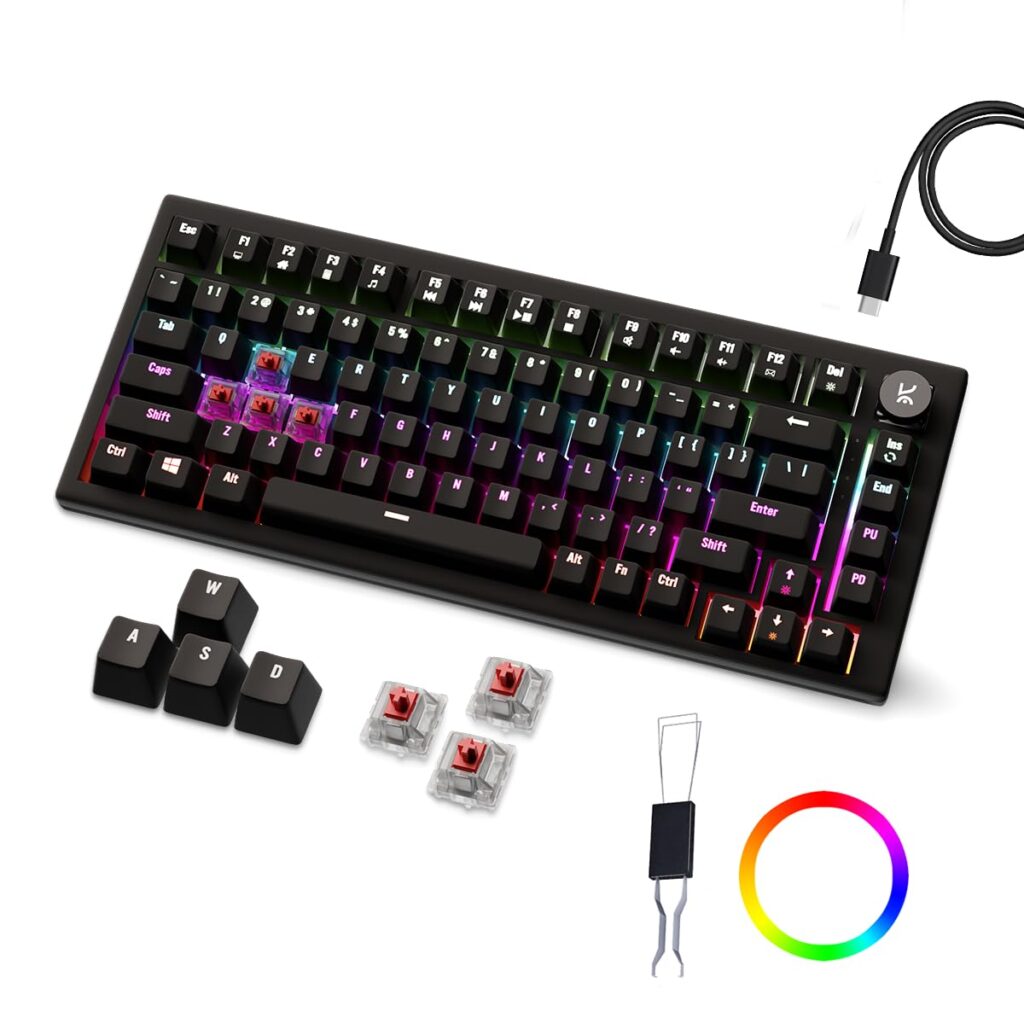 Kreo Hive RGB Anti-ghosting Gaming Keyboard | Wired Mechanical Keyboard with RGB Backlight | 5 Pin Hot-Swap | Detachable USB C Cable (Red Switch, All Black)