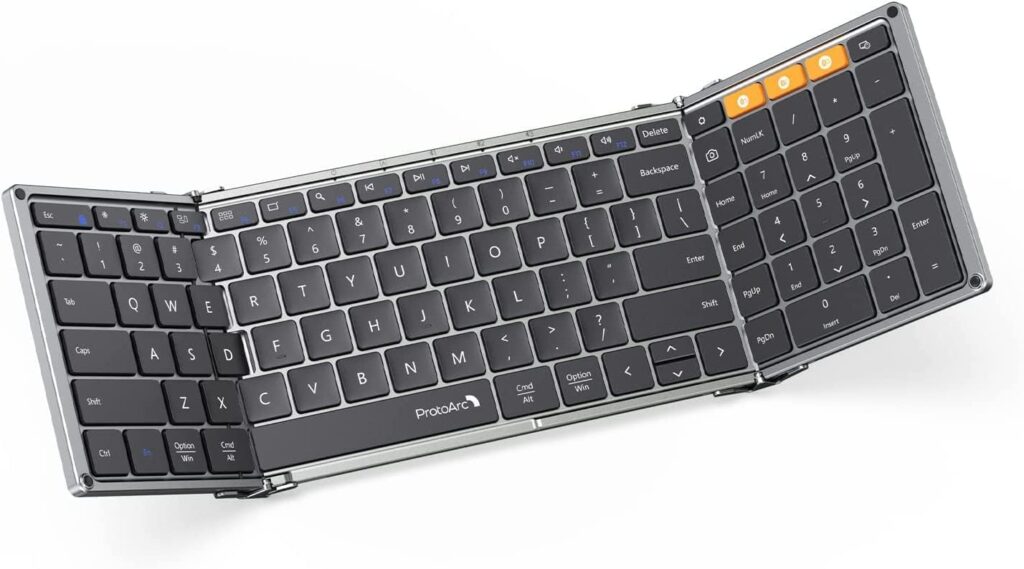 ProtoArc Foldable Bluetooth Keyboard, XK01 Folding Wireless Portable Keyboard with Numeric Keypad, Full-Size Travel Keyboard for iPad Tablet Smartphone Laptop PC Windows iOS Android, Grey