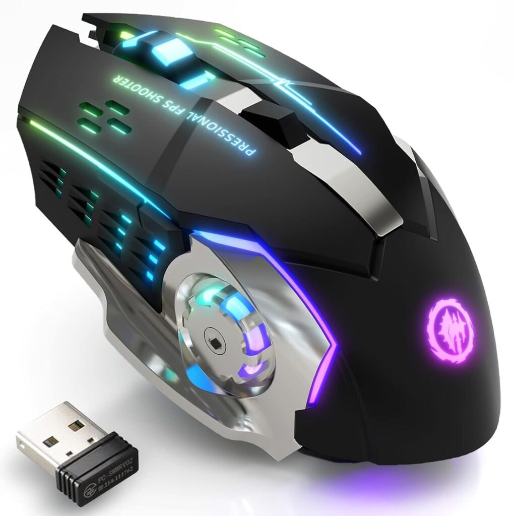 MELOGAGA Wireless Gaming Mouse Bluetooth Mouse RGB Rechargeable 2.4G USB Cordless Computer Mice with 7 Color Backlit, 6 Buttons & Silent Click for Laptop, iPad, Mac OS, PC, Windows -Black