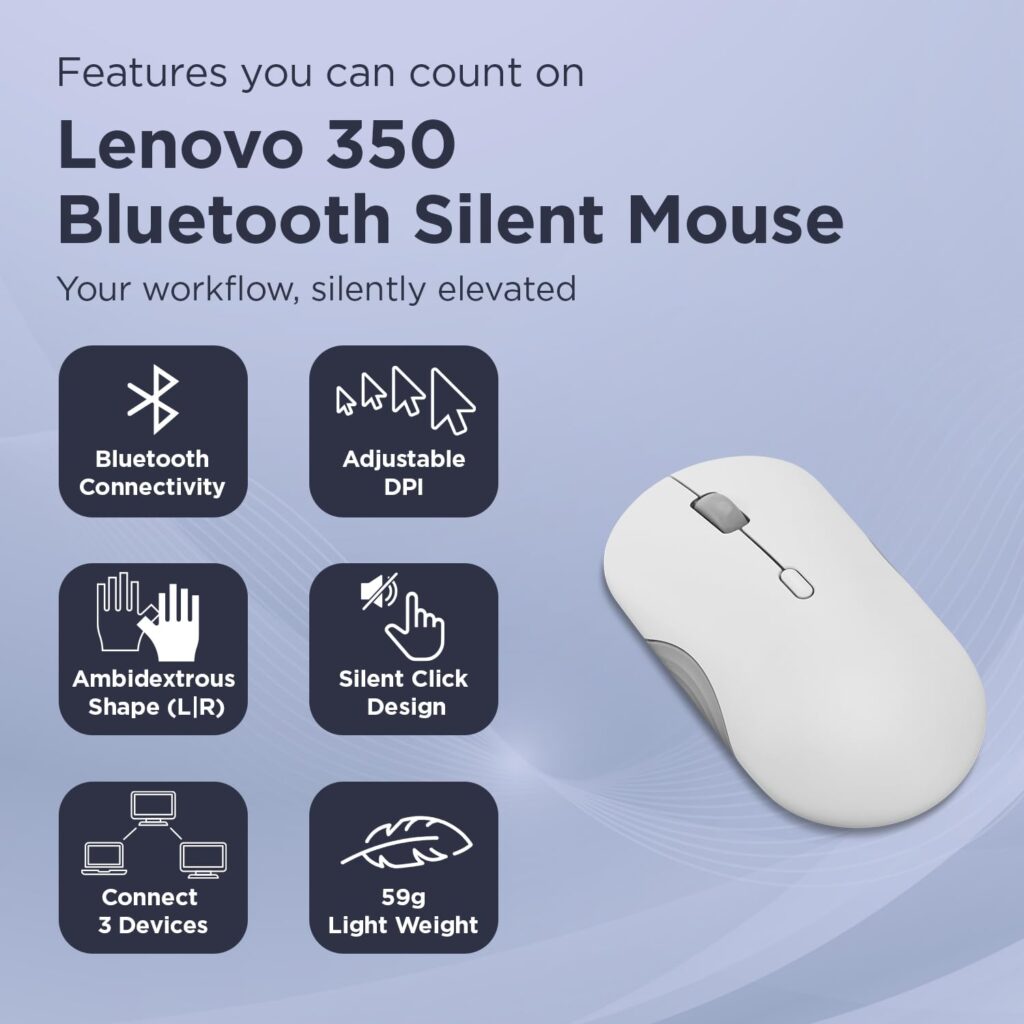 Lenovo 350 Bluetooth Silent Mouse, Duel Device Connectivity via Bluetooth 5.3, Upto 5million Button Clicks, 2400 DPI, IR Optical Sensor, Advnaced Dynamic Scroll, 36 Month Battery Life, Cloud Grey