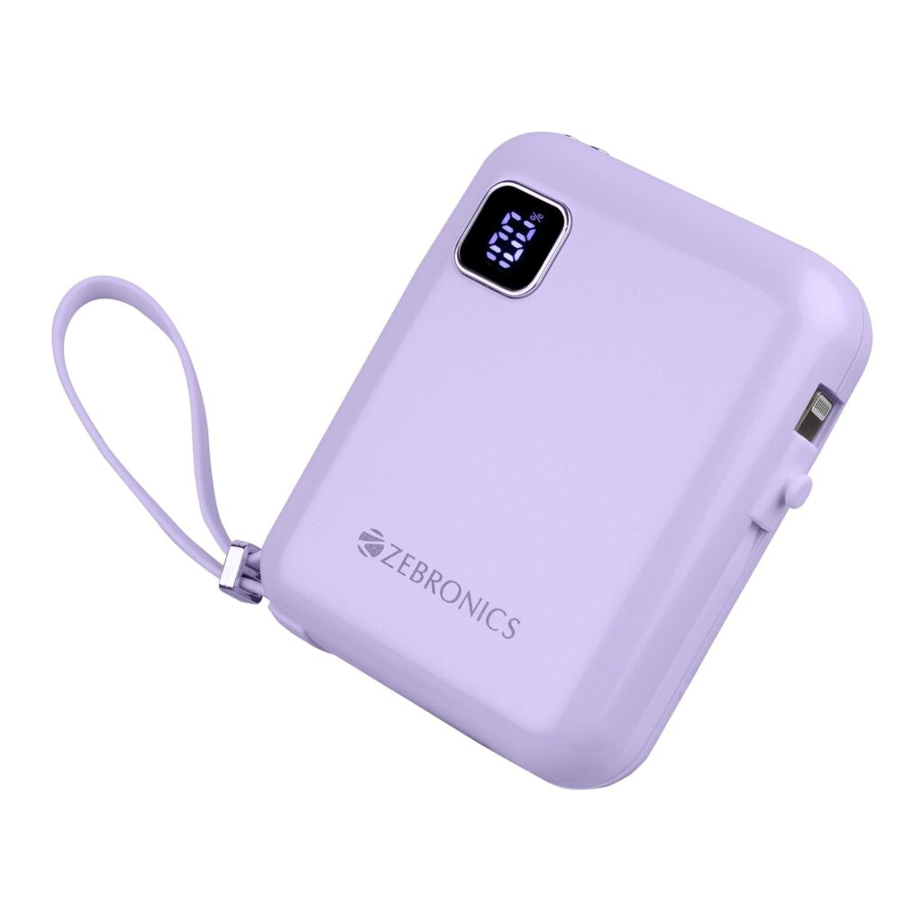 ZEBRONICS MW64 Compact Power Bank 10000 mAh | 22.5W Super Fast Charge | Type-C & Lightning Output | Percentage Indicator | Sleek & Stylish | Made in India (Lavender)