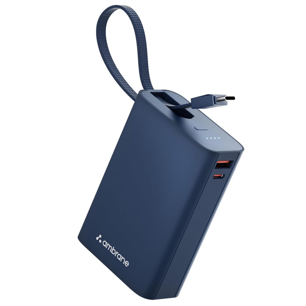 Ambrane 20000mAh Small Pocket Size Powerbank, Hanging InBuilt Type C Cable, 22.5W Fast Charging, Type C PD & USB Output for iPhone, Android Mobiles & Other Devices (MiniCharge 20, Navy Blue)