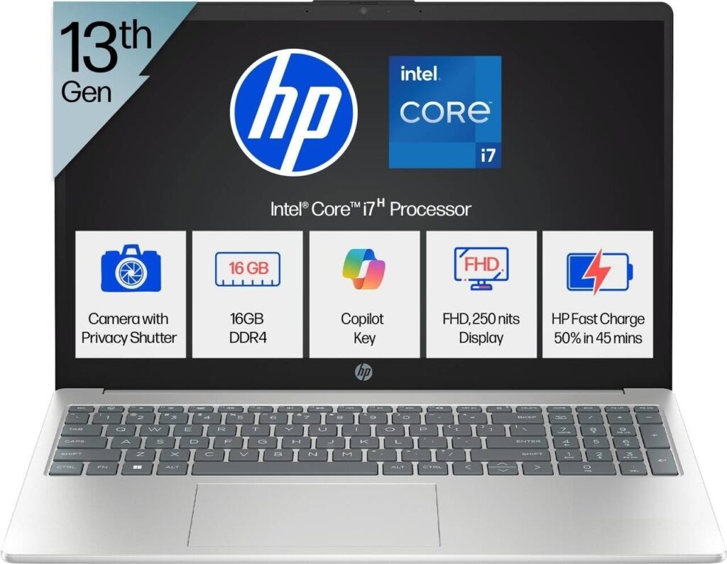 HP 15, Intel Ci7-13620H 13th Gen Laptop (16GB DDR4, 512GB SSD) Anti-Glare, Micro-Edge, 15.6''/39.6cm, FHD, Win11, M365 Basic(1yr), Office Home24, Silver,1.65kg, FHD Camera W P. Shutter, Backlit