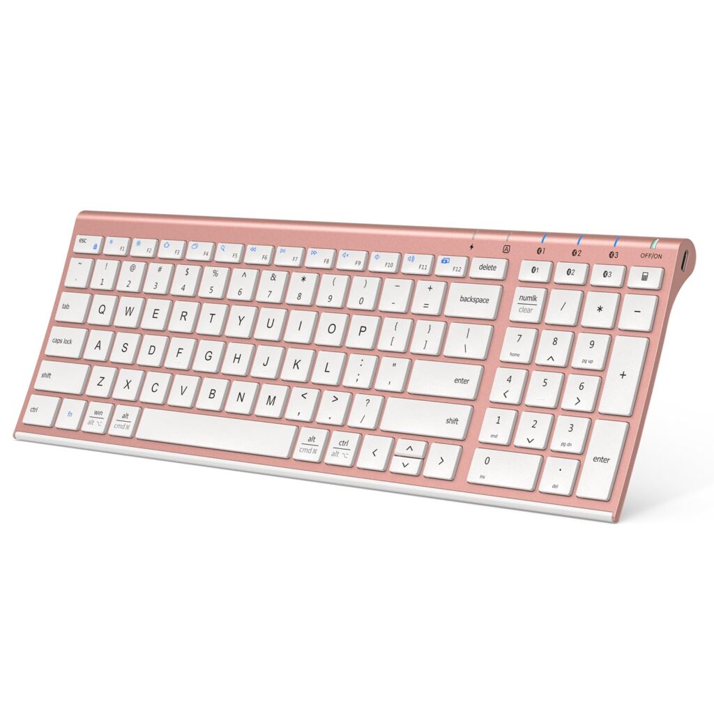 iClever BK10 Multi-Device Bluetooth Keyboard – Windows, Mac, Chrome OS, Android, iPad, iPhone, Apple TV Compatible –Rechargeable Wireless Keyboard Easy-Switch up to 3 Devices – Rose Gold