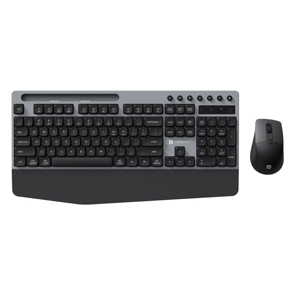 Portronics Key10 Combo Wireless Keyboard and Mouse Set with Wrist Rest, Multimedia Hotkeys, USB Receiver, Adjustable DPI, AI Assistance, Long Key Life & Click Life for PC & Laptop (Grey)