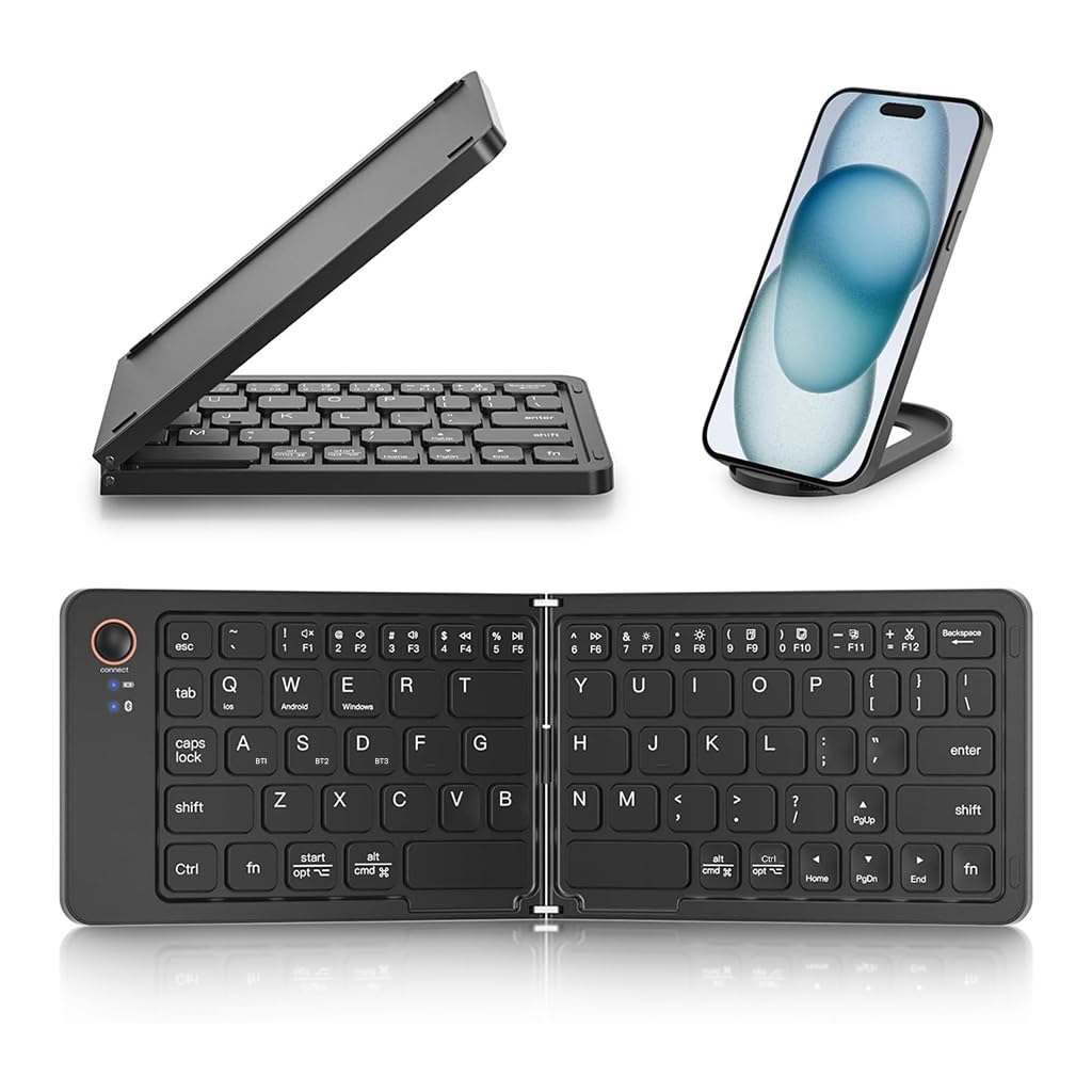 TECPHILE Bluetooth Wireless Foldable Keyboard, Multidevice Connectivity, Type C Rechargeable, Silent Typing, Mini Portable Pocket Size Folding Keyboard for Mobile, Tablet, Laptop (with Mobile Holder)