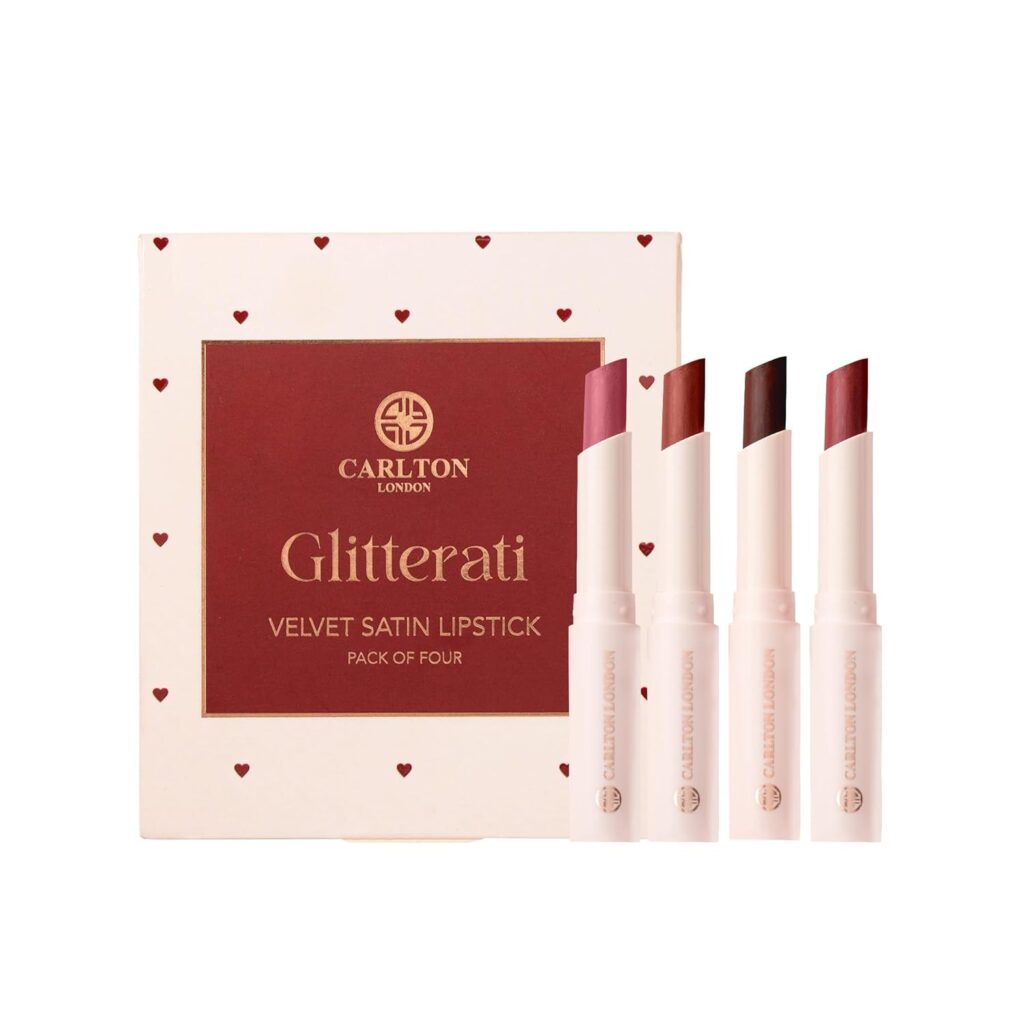 Carlton London Glitterati Satin Lipstick Smudge-Proof Gift Set | Enriched with Vitamin E, Castor oil | Long Lasting | Highly Pigmented | Upto 8Hrs - 4X1.7g