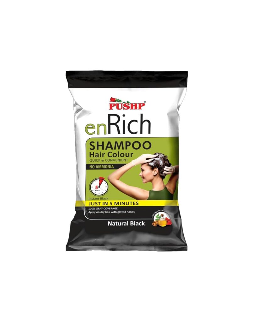 Pushp enRich Natural Black Hair Colour Shampoo | Hair Dye Shampoo | Hair Colour Shampoo for Women and Men | Shampoo Based Hair Colour | Color Shampoo | Best Instant Hair Color | Best Instant Hair Color Shampoo India | Hair Dye | Black Hair Colour (Pack of 10) No Ammonia, 100% Gray Coverage