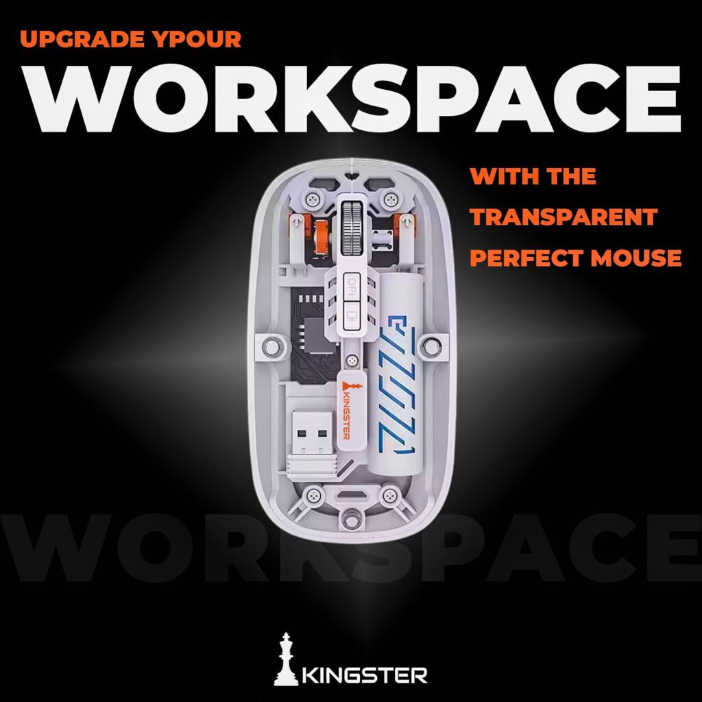 KINGSTER® Transparent Wireless & Bluetooth Mouse | Dual Mode (BT5.2 + 2.4GHz), Rechargeable, 1600 DPI, Silent Click, LED Battery, USB Receiver, Multi-Device, Ultra Slim Mouse (White)
