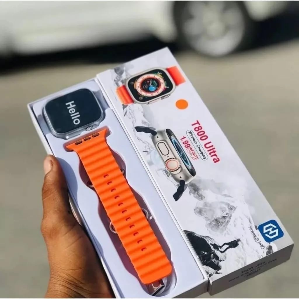 T800 Ultra Smartwatch – 1.99'' HD Display, Wireless Charging, Fitness Tracker, Bluetooth Call, Heart Rate Monitor, Waterproof - Compatible with Android & iOS (Orange)