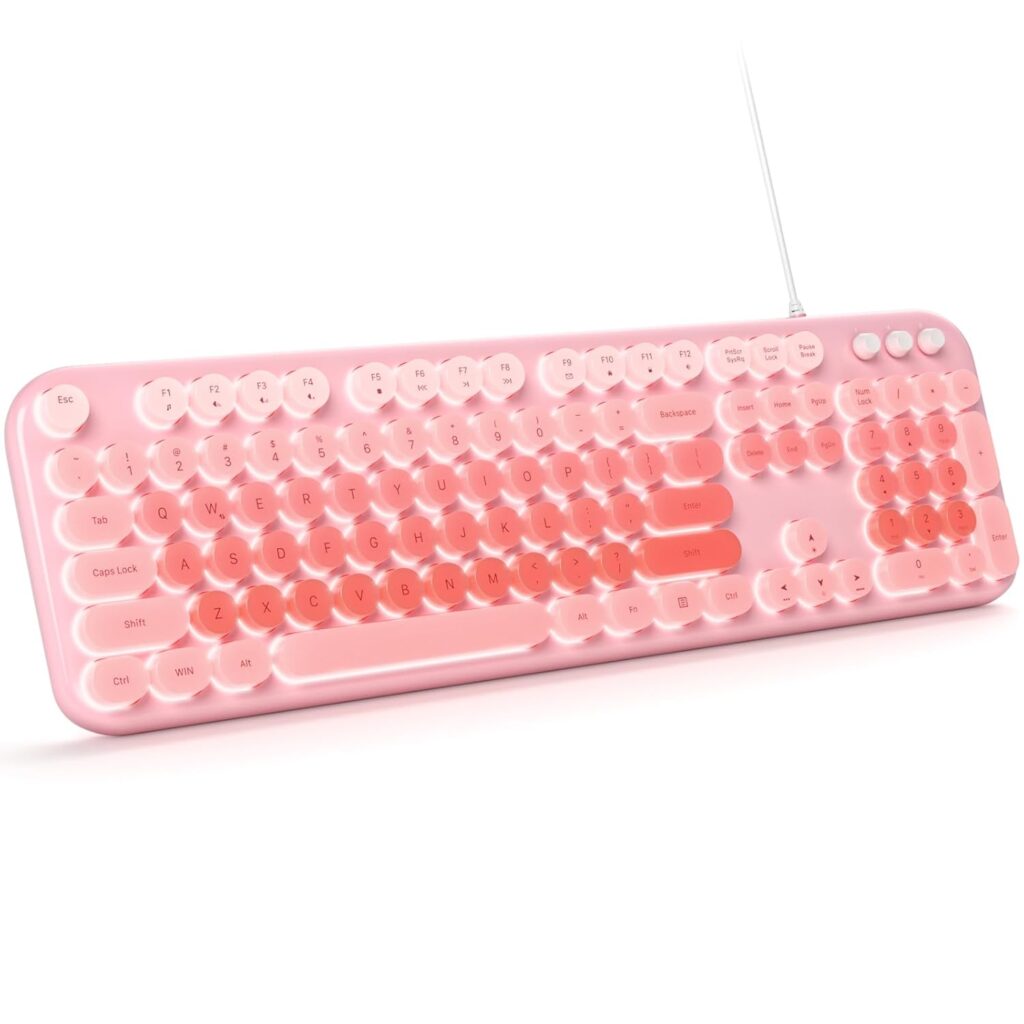 MOWUX Wired Keyboard with Backlit, Light Up Computer Keyboards with Multimedia Keys, Full Size Wired Keyboard with Illuminated LED, Plug and Play, Anti-Wear Letters for Laptop, Desktop- Pink Colorful