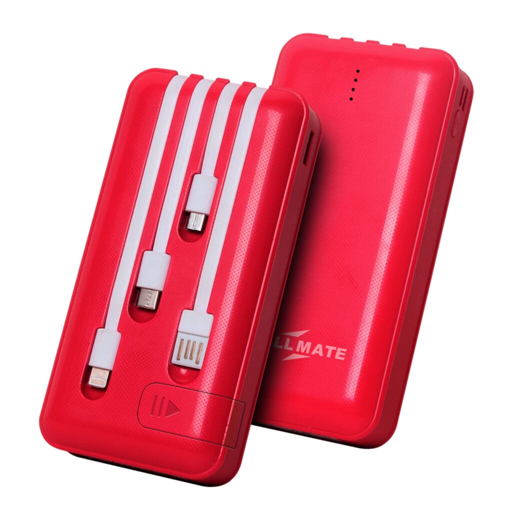 Callmate 20000mAh with Mobile Holder Power Bank, 15W Fast Charging| Buit-in Cables | 4 Output Ports and 3 Input | for iPhone, Smartphones & Other Devices (15 W, Fast Charging) (Red, Lithium Polymer)