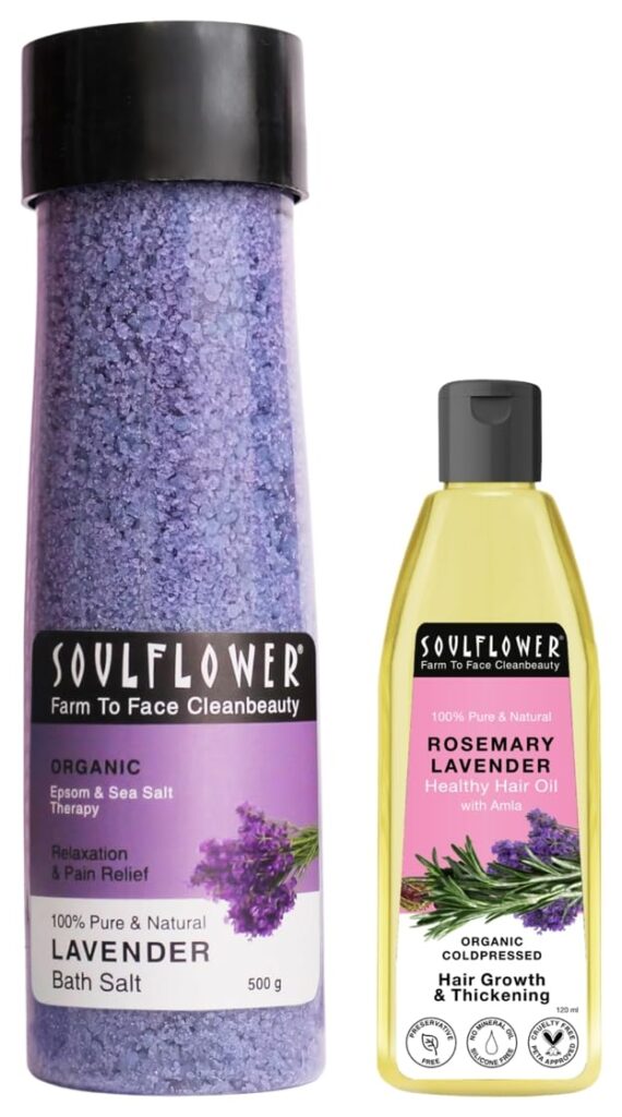 Soulflower Rosemary Lavender Hair Oil For Healthy Hair, Scalp Nourishment, Hair Growth - 100% Pure & Natural Undiluted Cold Pressed Oil, 120Ml Lavender Bath Salt for Body & Foot Spa