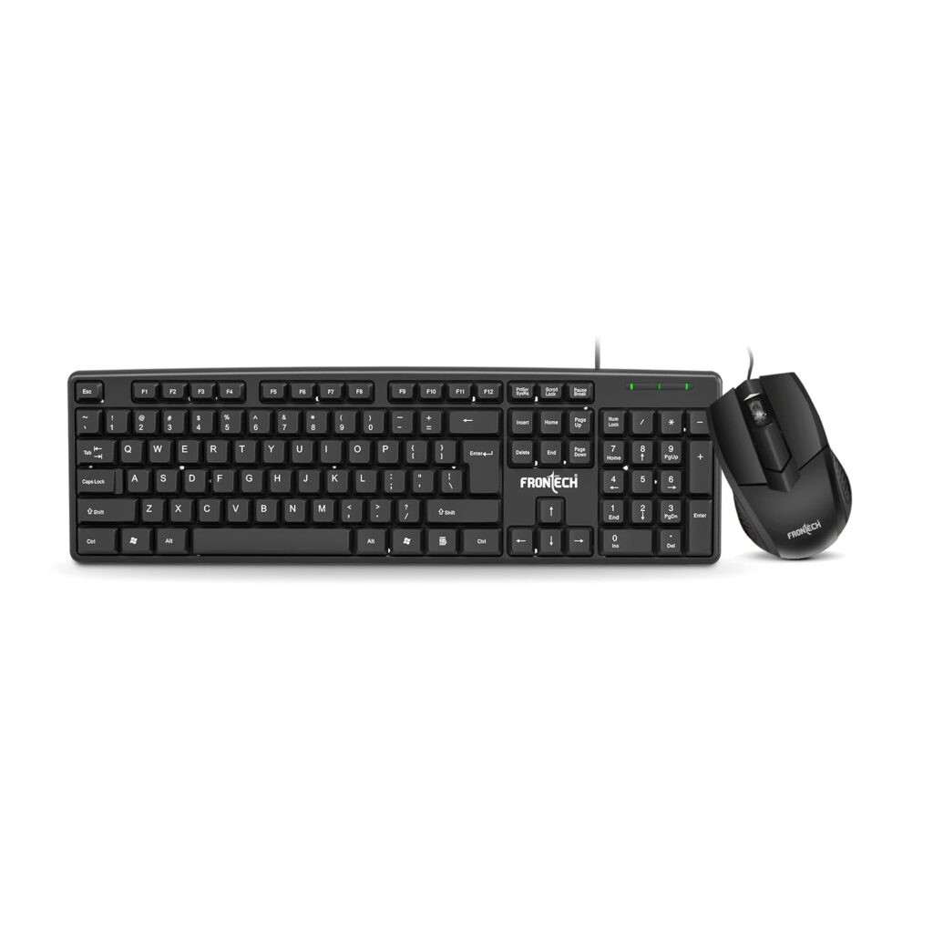 FRONTECH Wired USB Keyboard and Mouse Combo with 140 Keys, 1000 DPI Optical Mouse, and Ergonomic Design, (Black -1692)