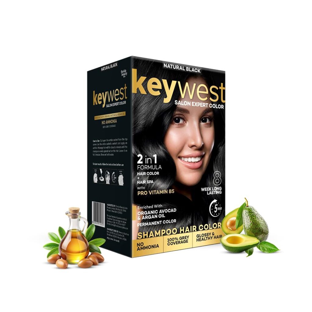 Keywest Natural Black 5 Minute Shampoo Hair Colour - 15ml x 10 Pouches | Enriched with Organic Avocado & Argan Oil (100% Grey Coverage, Ammonia Free, 150ml)
