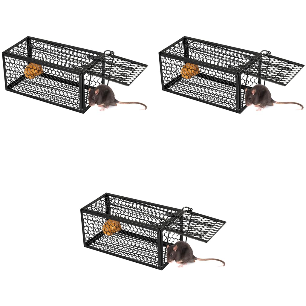HASTHIP® Rodent Trap Wire Folding Mouse Cage Rat Trapping Reusable Catcher One-Way Spring-Loaded Door Fast Response for Kitchen Garage House 30x14x14cm 3PCS