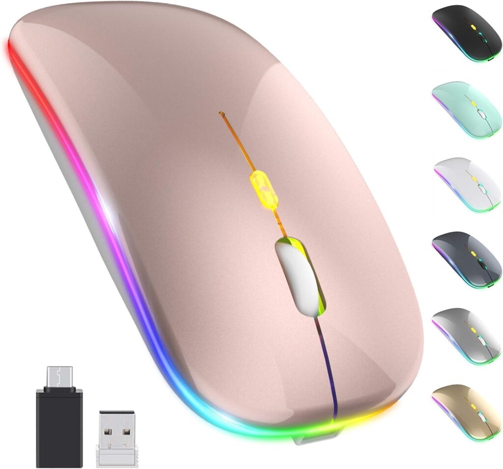 CLUSPEX LED Wireless Mouse, Slim Silent Mouse 2.4G Portable Mobile Optical Office Mouse with USB & Type-c Receiver, 3 Adjustable DPI Levels for Notebook, PC, Laptop, Computer (Rose Gold)