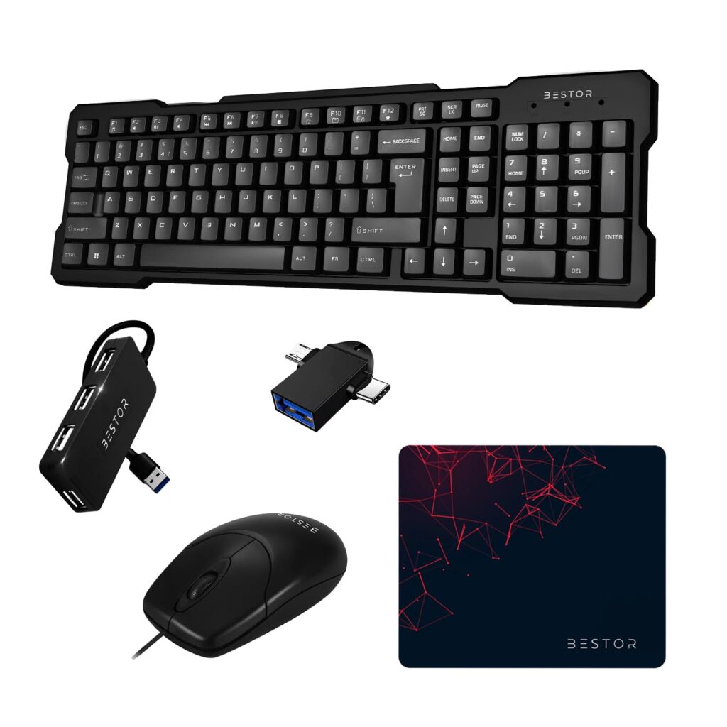 Bestor Set of 5 Combos of USB Wired Keyboard, Wired Mouse, Mouse Pad Base Waterproof, Type A to Type C OTG Adapter & 4 Port USB HUB for PC, Laptop, Computer