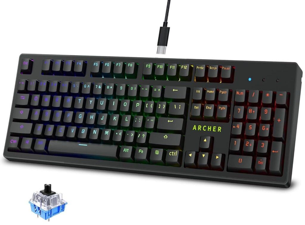 Archer Tech Lab Mechanical Gaming Keyboard, Clicky JERRZI Blue Switches, Full Anti-Ghosting Keys, 21 RGB Modes LED Backlit & Music Visualizer, Braided USB-C Cable, PC/Mac/Linux – Software Customizable