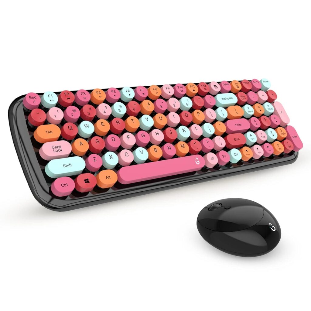 iGear KeyBee Retro Typewriter Inspired 2.4GHz Wireless Keyboard with Mouse Combo for Desktop/Laptop and Devices with USB Support, Single Nano Receiver, Round Keycaps, Cleaning Brush (Black Pink)