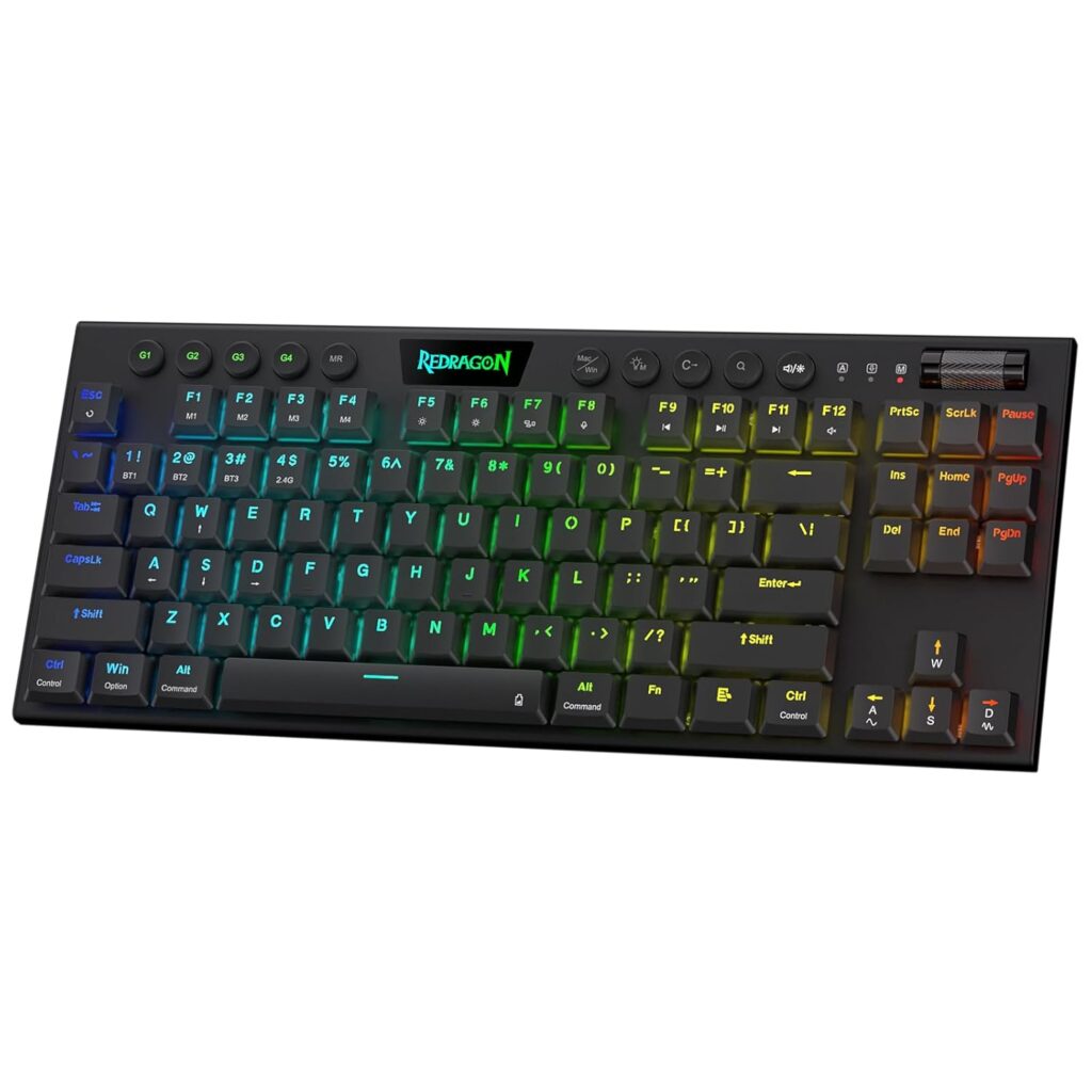 Redragon K621 Horus TKL RGB Mechanical Keyboard, 5.0 BT/2.4 Ghz/Wired Three Modes 80% Ultra-Thin Low Profile w/Dedicated Media Control & Linear Red Switches, Black