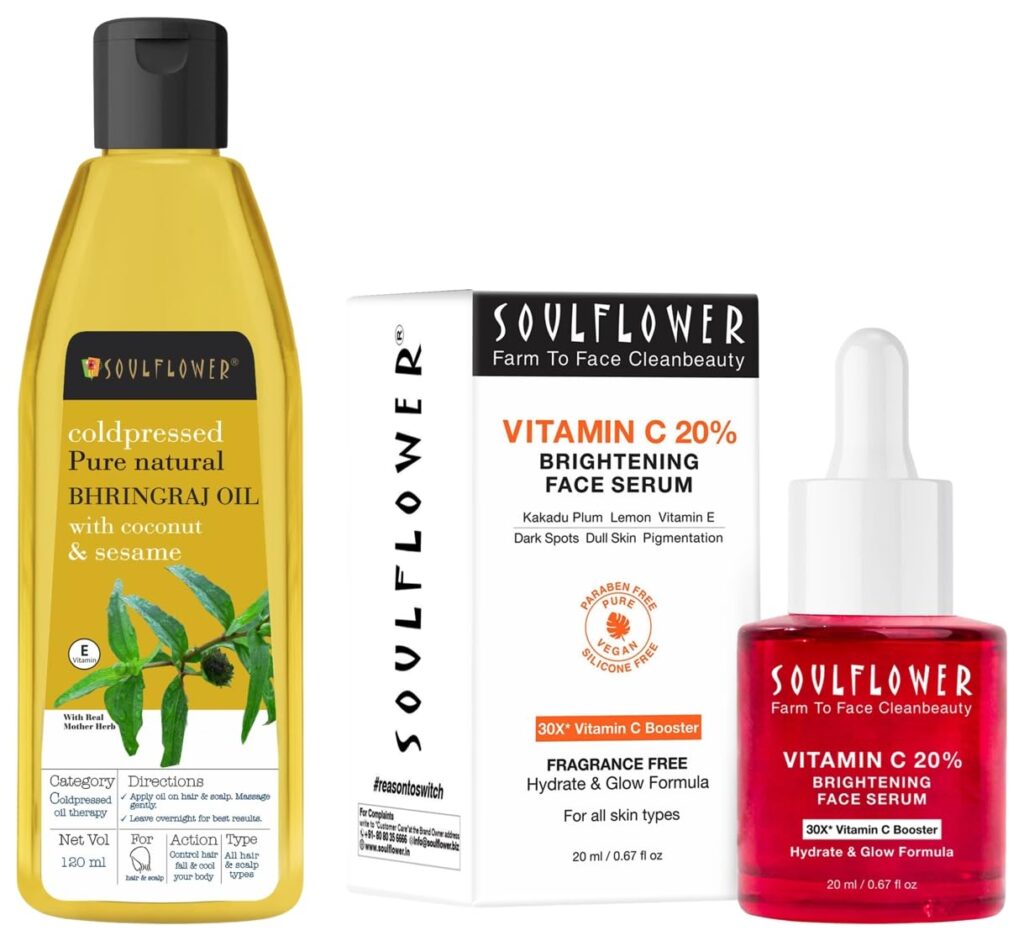 Soulflower Bhringraj Hair Oil 100% Pure & Natural| Hair Growth, Strengthening & Nourishing hair roots, Anti-Dandruff, Cooling Scalp| Coconut, Sesame| 120ml 20% Vitamin C Face Serum for Glowing Skin