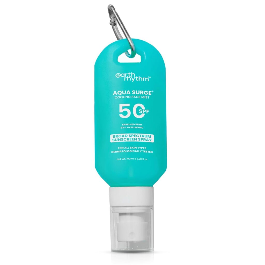 Earth Rhythm Aqua Surge Sunscreen Spray SPF 50, Invisbile SPF Mist, Broad Spectrum, UVA/UVB Protection, Non Greasy, No White Cast, For dry Skin 100ml