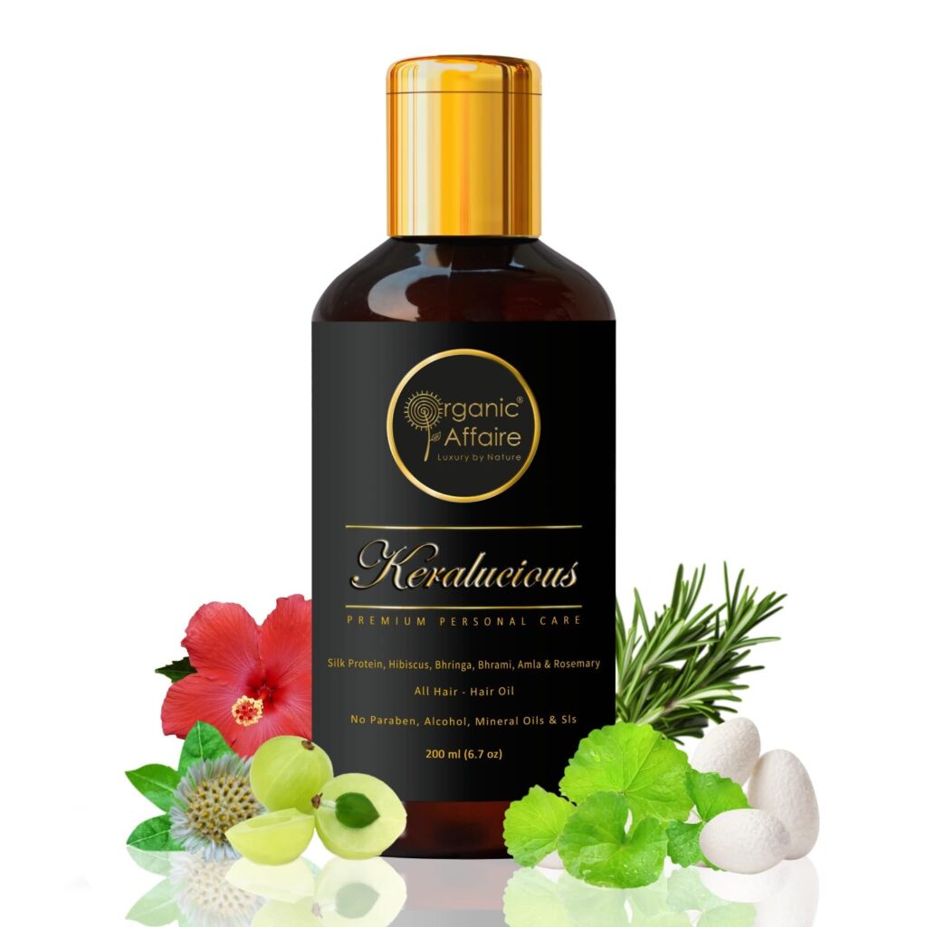 Organic Affaire Keralucious Protein Hair Oil with Silk Protein, Hibiscus, Bhringaraj, Brahmi, Amla & Rosemary | Herbal Hair Oil with No Paraben, SLS, Alcohol & Mineral Oil, (200ml)