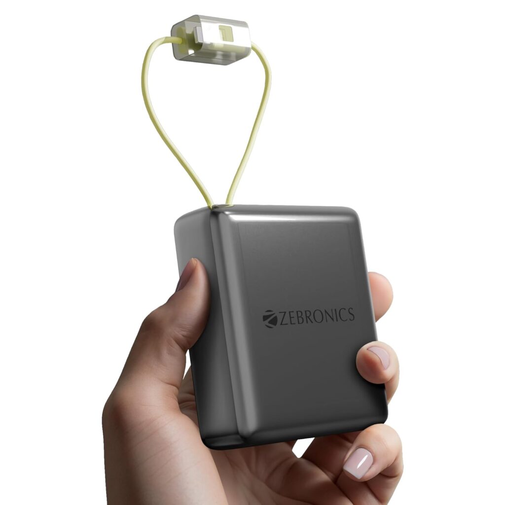 ZEBRONICS EnergiTank 10R1, Compact Power Bank, 10000 mAh, 22.5W Rapid Charging, Built-in Type C & Lightning Cable + Type C Port, LED Percentage Indicator, for iPhone, Android, Tablets, Airpods (Grey)