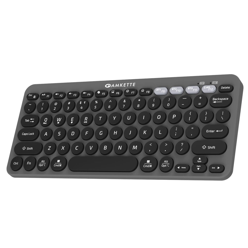Amkette New and Improved Optimus BT 4 in 1 Multi Device Wireless Keyboard/Bluetooth Keyboard | One Click Device Switching and AI Access for Windows, MacOs, Android and iOS, Dual OS Layout (Grey)