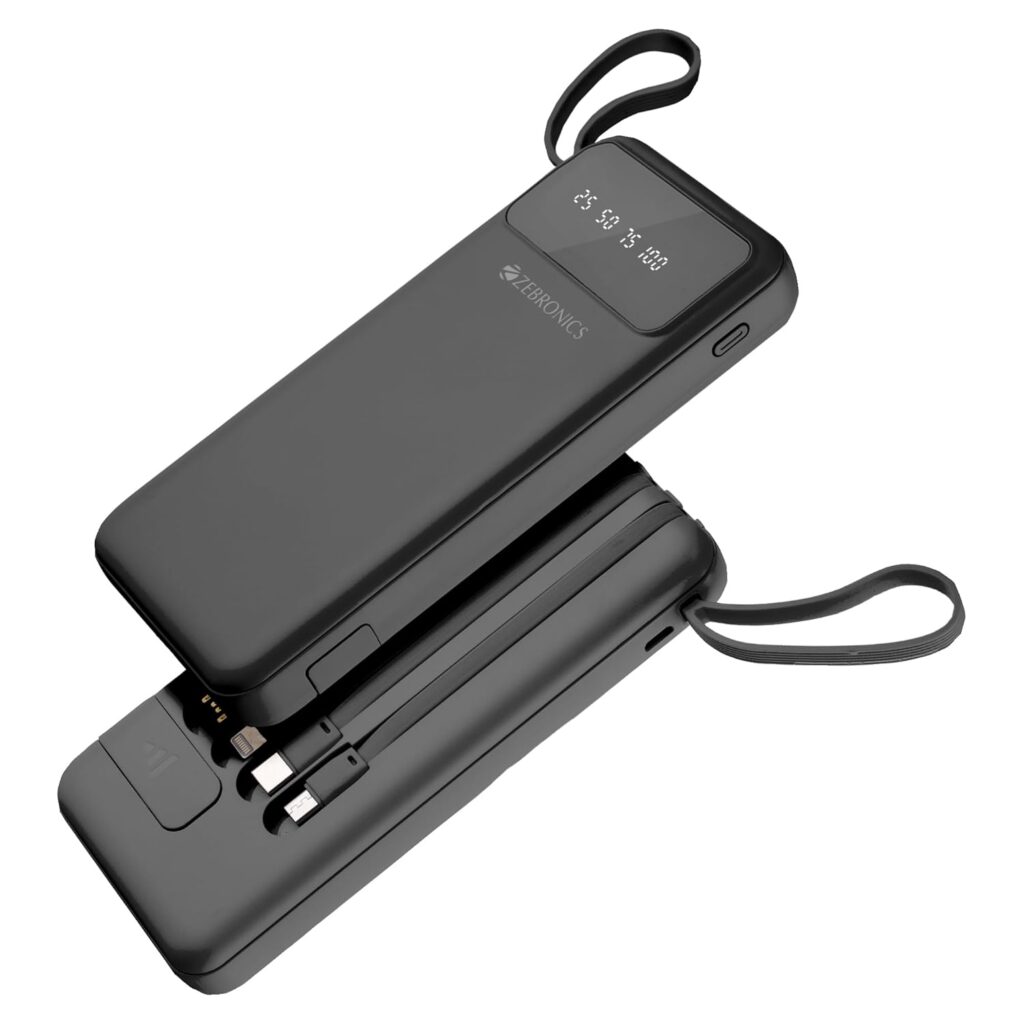 ZEBRONICS MB10000S6 Power Bank, 10000 mAh, 12W, 5 x Outputs - Dual USB A | Type C |Micro USB Input| Lightning, Built in I/O Cables, Percentage Display, Carry Loop, Made in India (Black)