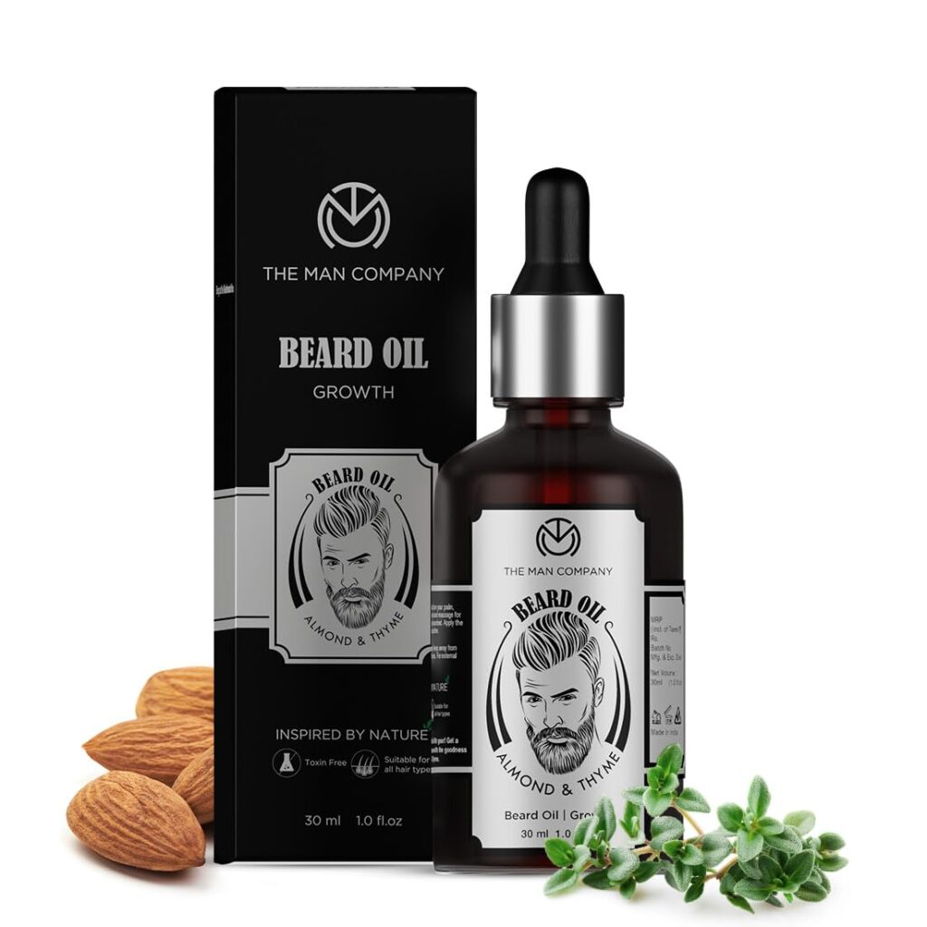 The Man Company Beard Oil for Growing Beard Faster with Almond & Thyme, NATURAL, Best Beard Growth Oil for Men, Nourishes & Strengthens Uneven Patchy Beard - 30ML