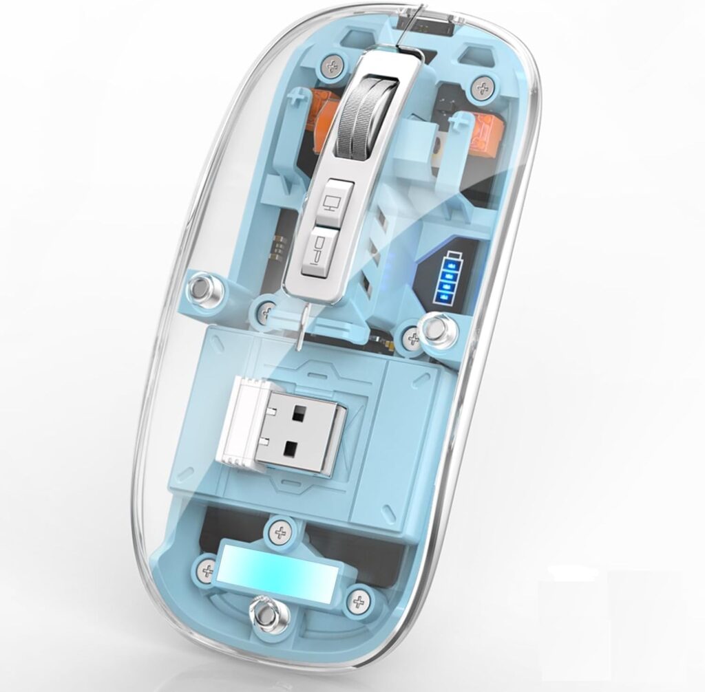 QIIVI Bluetooth Wireless Mouse Tri-Mode (Dual BT5.1+2.4GHz) USB C Rechargeable Computer Mouse Full Transparent Silent Mouse with USB Receiver & Type C Cable (Blue)
