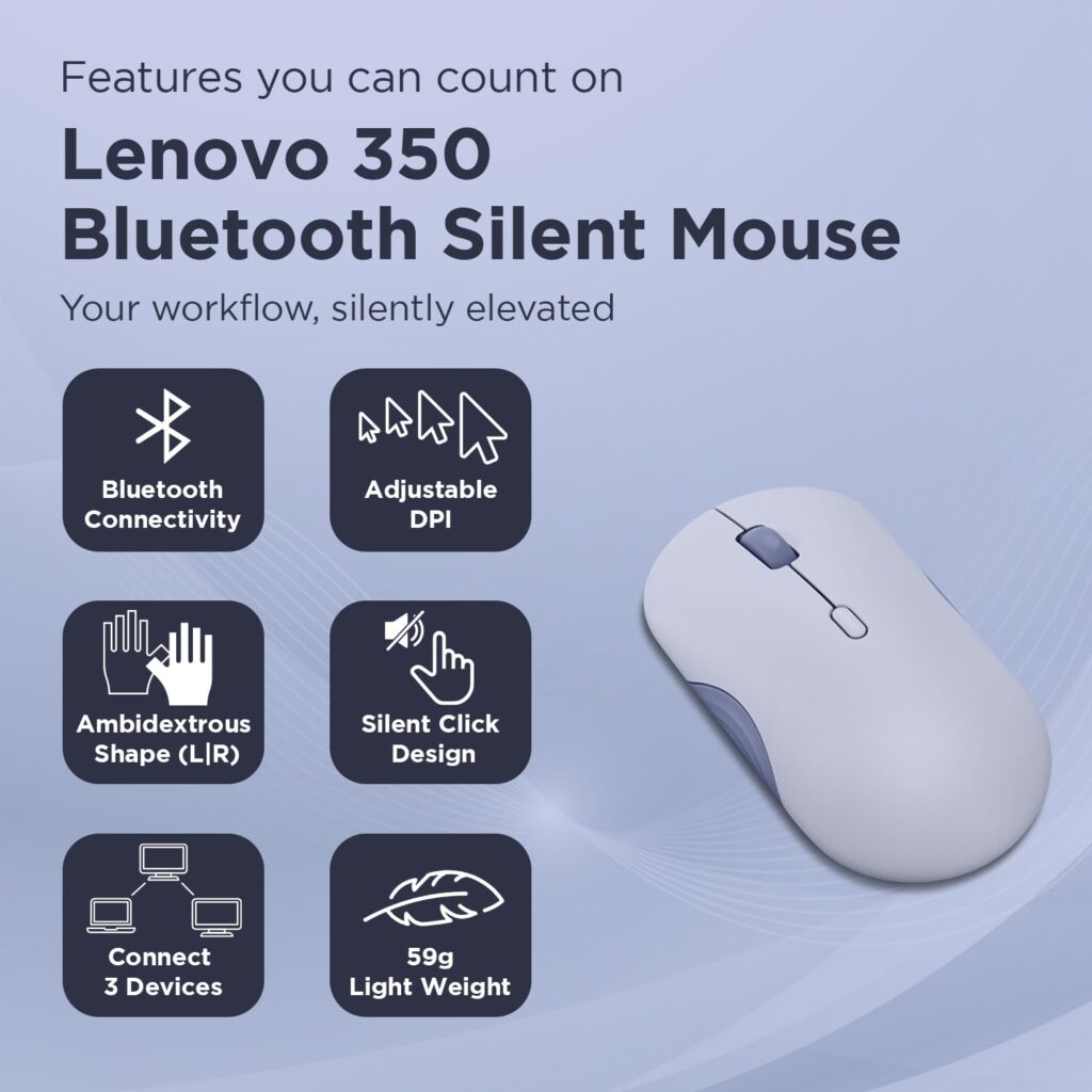 Lenovo 350 Bluetooth Silent Mouse, Duel Device Connectivity via Bluetooth 5.3, Upto 5million Button Clicks, 2400 DPI, IR Optical Sensor, Advnaced Dynamic Scroll, 36 Month Battery Life, Meta Grape