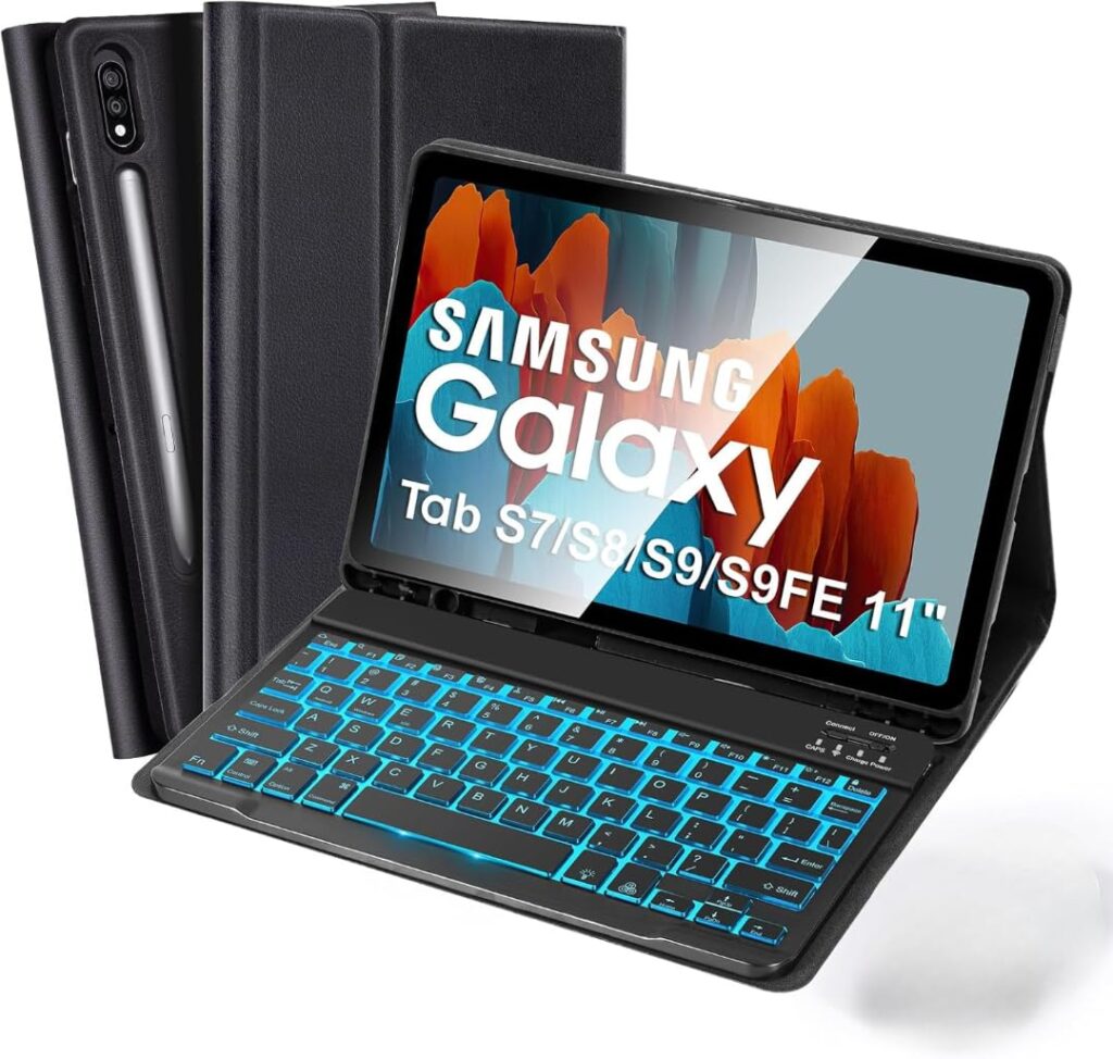 Backlit Keyboard Case Compatible with Samsung Galaxy Tab S7/S8/S9/S9FE/S10FE 11 inch, 7-Color Backlight, Rechargeable Detachable Wireless Slim Keyboard Case with S Pen Holder, Black