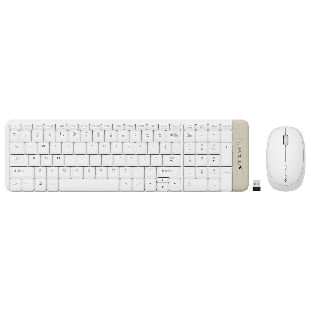 ZEBRONICS Companion 104 2.4GHz Wireless Keyboard & Mouse Combo, 100 Keys, Laser Printed Keycaps, Integrated Multimedia Keys, 3 Button Mouse, 1200 DPI, High Precision, Advanced Optical Sensor (White)