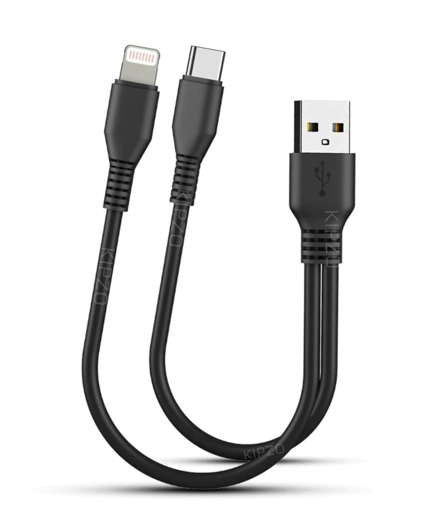 KIPZO® Multi Power Bank 2 in 1 USB ca-ble Splitter Charger Cable for iPH 8pin & Type c Short mini Android Charging Cable one Plus Samsung 11 12 13 14 (Not for Data Transfer) 25 cm Upto 2.1 A max