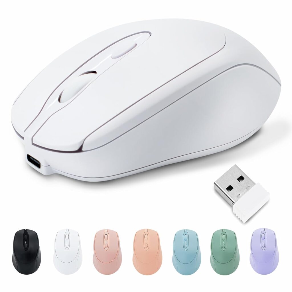 PiMivco Wireless Mouse, Bluetooth Mouse, Rechargeable, Silent Mouse, Dual Mode, 2.4 GHz, 4 Button Mouse, 3 Stage DPI Switch, Compatible with Windows, Mac, iOS, iPadOS, Chrome, Android (White)