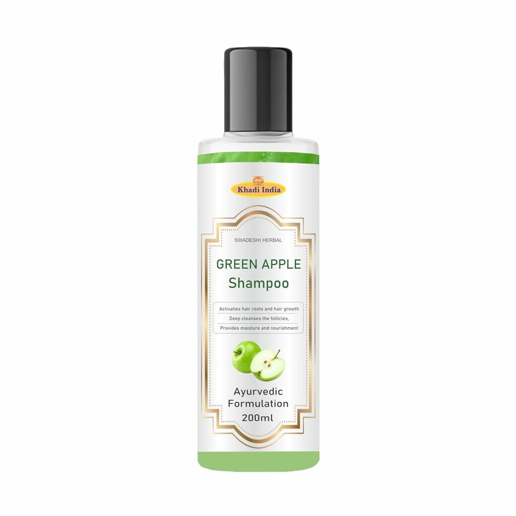 Khadi Green Apple Shampoo – 100% Herbal Cleanser for Oily Scalp & Hair Freshness – Balances pH, Strengthens Roots – Sulfate-Free, Paraben-Free – 200ml