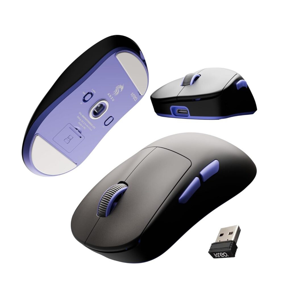 Kreo Anzu Ultralight Ergonomic Wireless Gaming Mouse for PC, Gaming Mouse, Rechargeable Mouse Wireless with 50+Hours Battery Life, High End 80M Huano Switches, 12000DPI (Black)